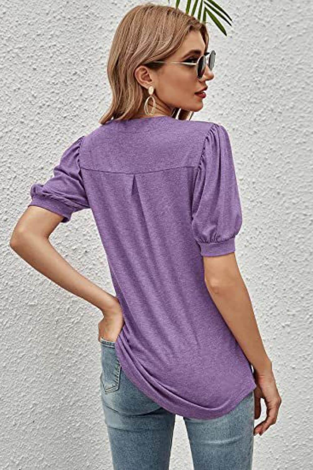 Notched Neck Puff Sleeve Tee - Trendsi