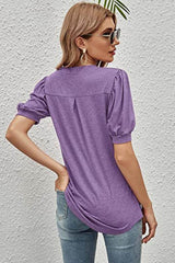 Notched Neck Puff Sleeve Tee - Trendsi