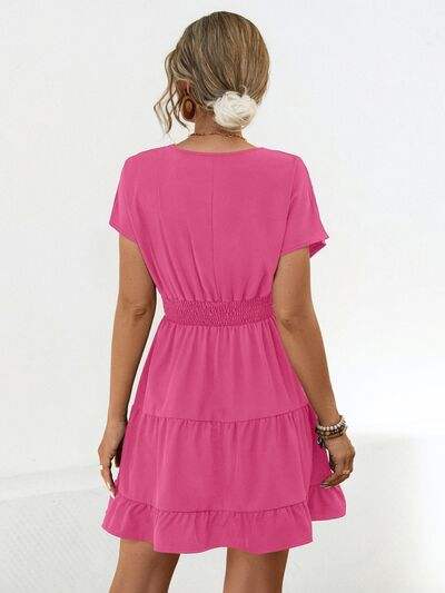 Ruffled Smocked V-Neck Tiered Dress - Trendsi - Flyclothing LLC