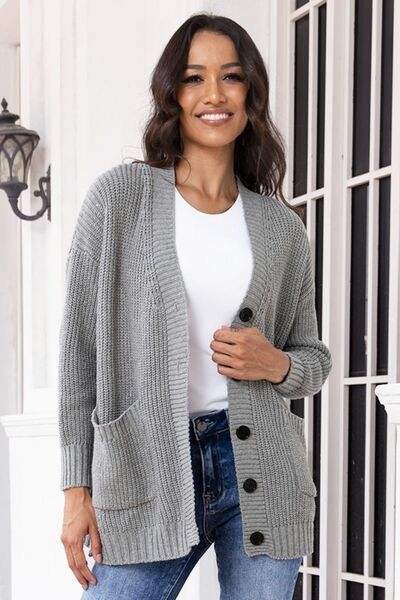 Button Up Long Sleeve Cardigan with Pockets - Trendsi - Flyclothing LLC