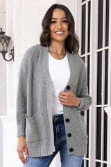 Button Up Long Sleeve Cardigan with Pockets - Trendsi - Flyclothing LLC