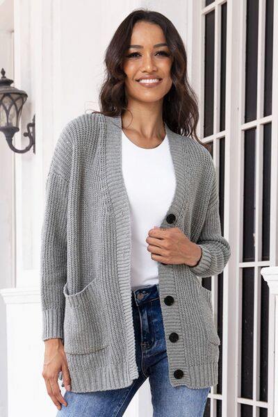 Button Up Long Sleeve Cardigan with Pockets - Trendsi