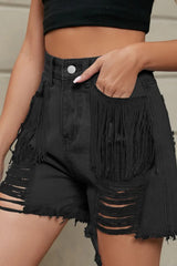 Fringe Trim Distressed Denim Shorts with Pockets - Trendsi - Flyclothing LLC