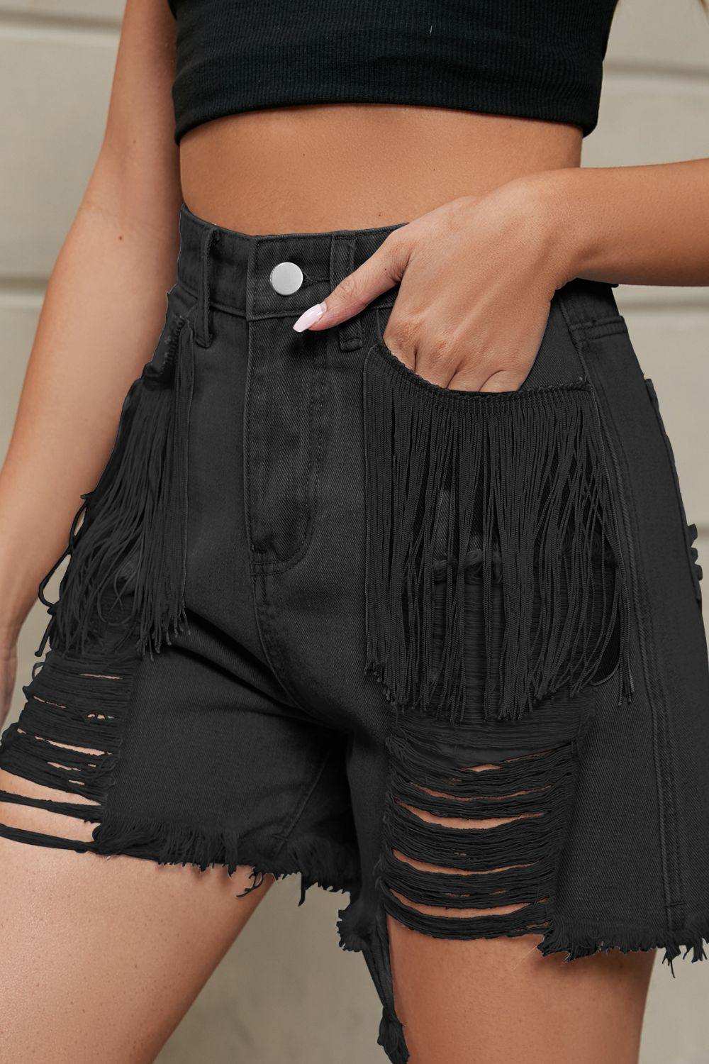 Fringe Trim Distressed Denim Shorts with Pockets - Trendsi - Flyclothing LLC