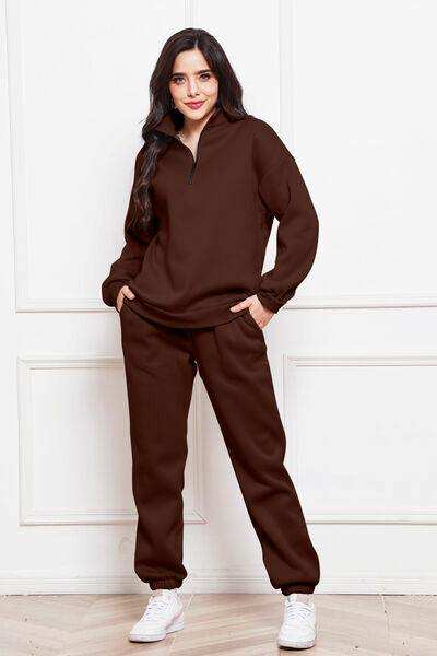 Half Zip Long Sleeve Sweatshirt and Pants Set - Trendsi - Flyclothing LLC