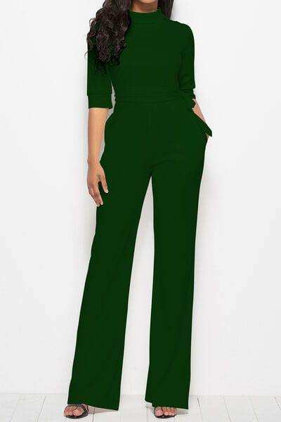 Mock Neck Tie-Waist Half Sleeve Jumpsuit - Trendsi - Flyclothing LLC