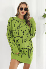 Bear Pattern Round Neck Sweater Dress - Trendsi