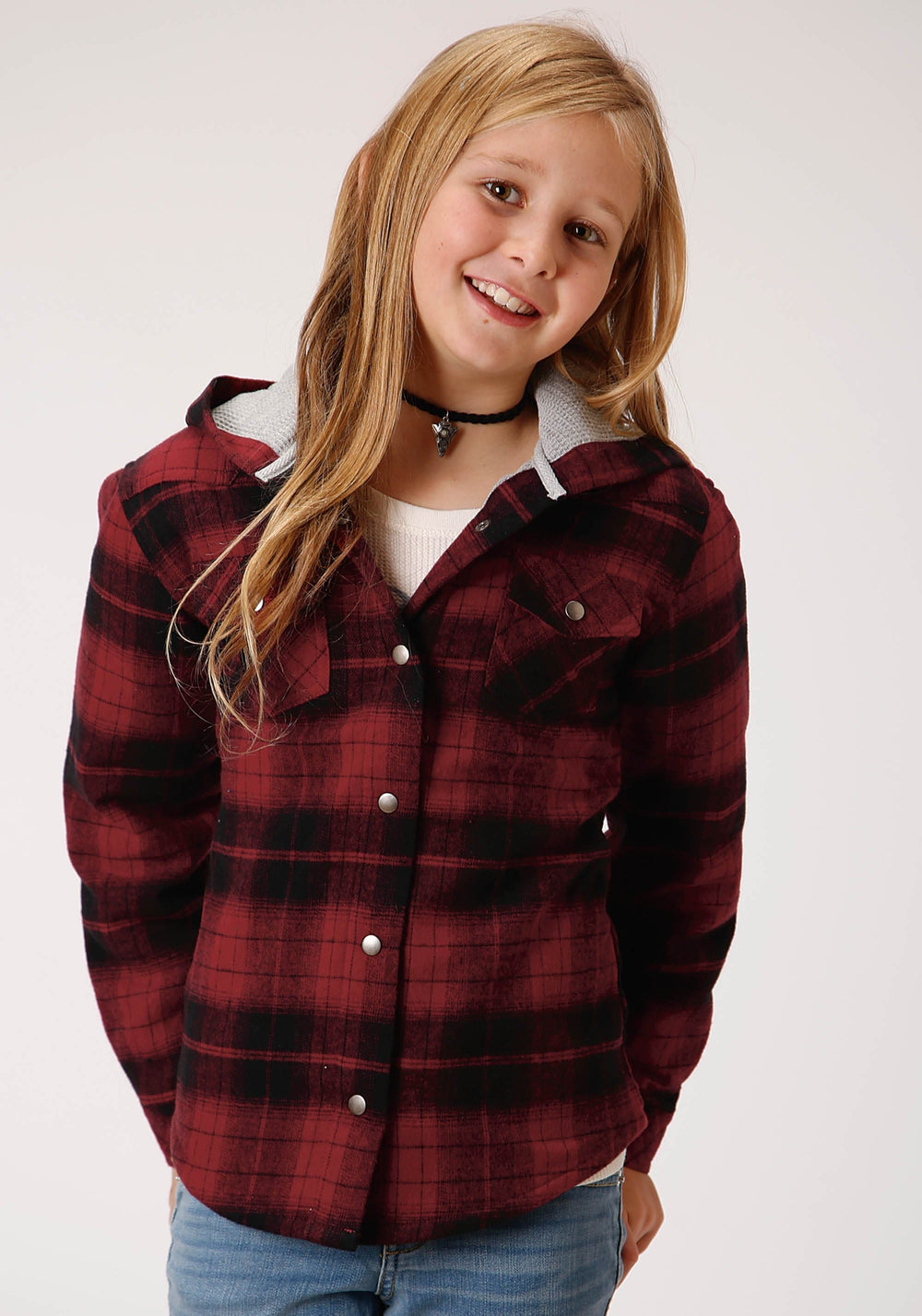 Roper Girls Long Sleeve Snap Cranberry Plaid Western Shirt Jacket - Roper