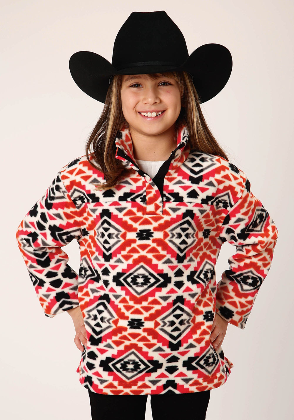 Roper Girls Womens Grey Orange Pink Aztec Print Polar Fleece Pullover - Roper