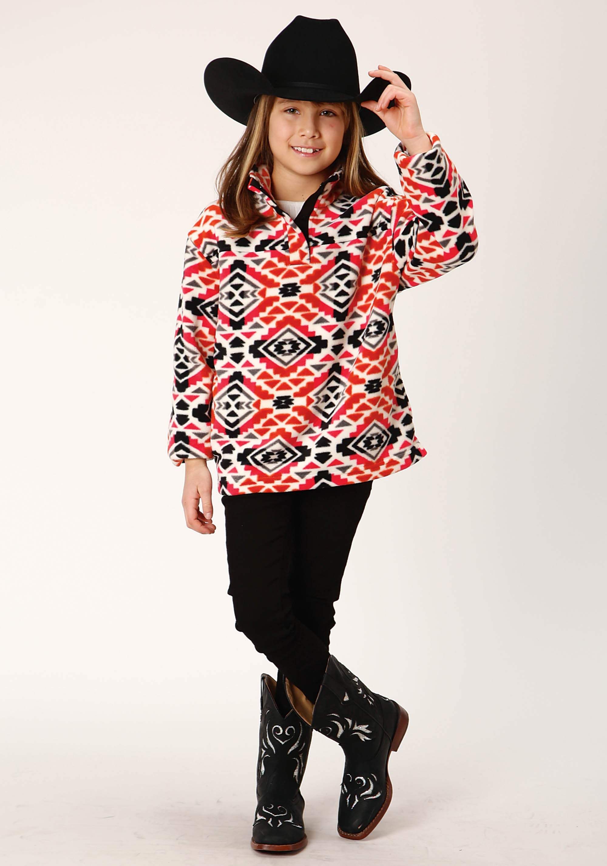 Roper Girls Womens Grey Orange Pink Aztec Print Polar Fleece Pullover - Roper - Flyclothing LLC