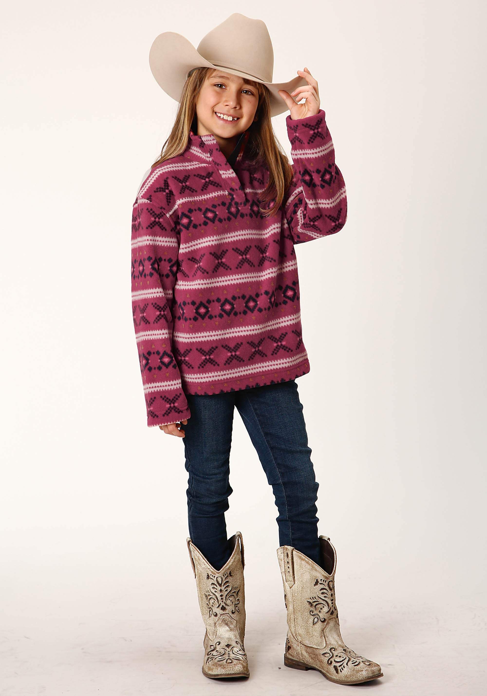 Roper Girls Womens Rusty Red Aztec Print Polar Fleece Pullover - Roper - Flyclothing LLC