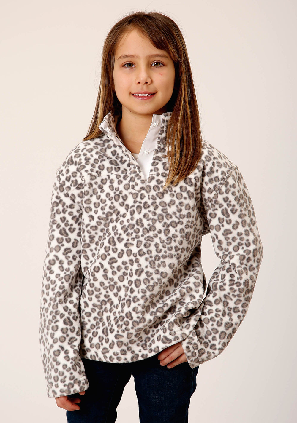 Roper Girls Womens Snow Leopard Print Polar Fleece Pullover - Roper