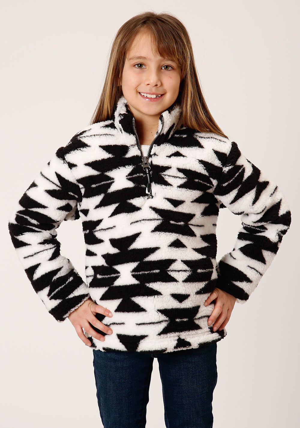 Roper Girls Womens Black White Aztec Polar Fleece Pullover - Roper