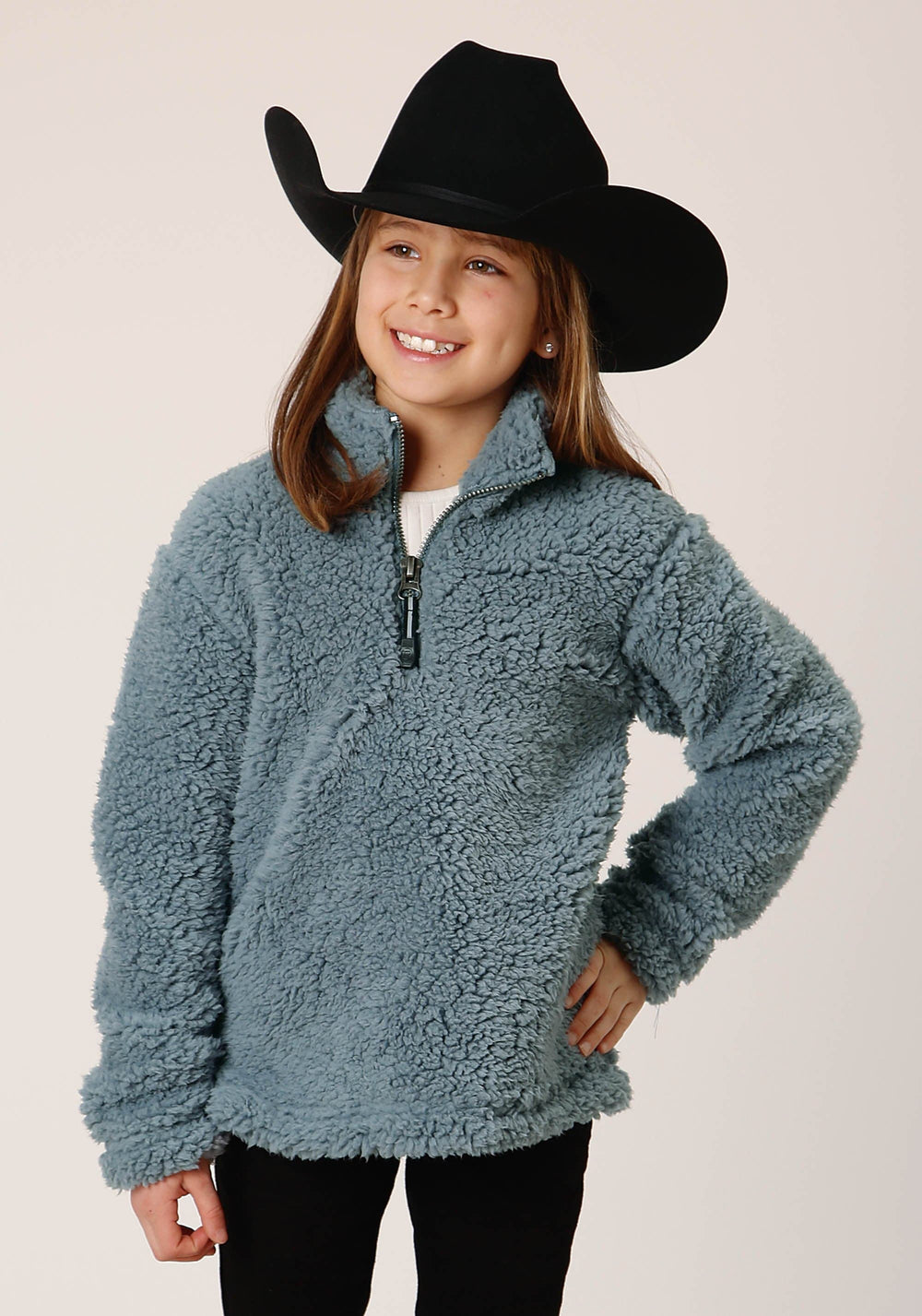 Roper Girls Womens Solid Steel Blue Polar Fleece Pullover - Roper