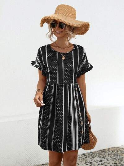 Striped Polka Dot Frill Short Sleeve Mini Dress - Trendsi - Flyclothing LLC