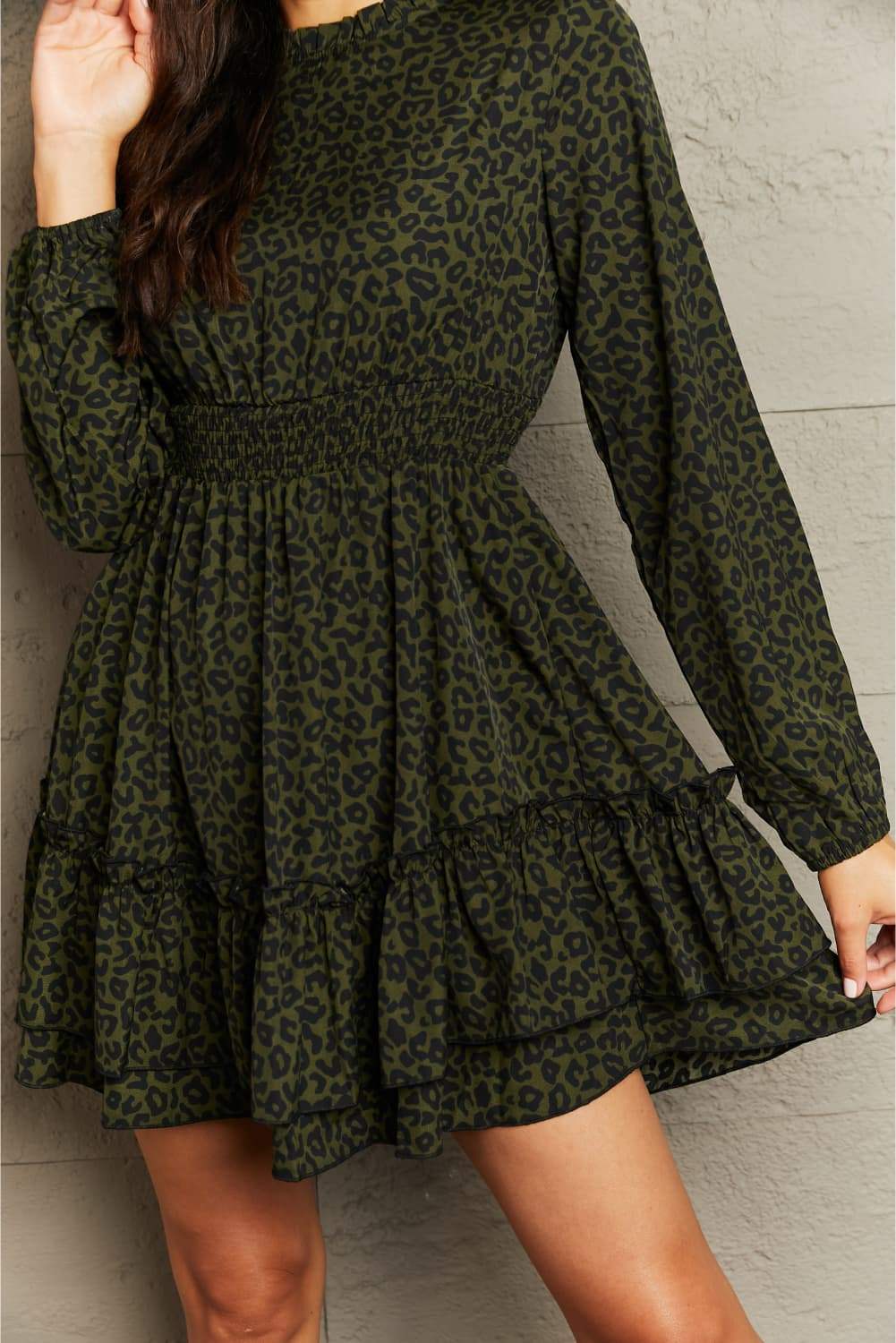 Leopard Smock Waist Long Sleeve Dress - Trendsi - Flyclothing LLC