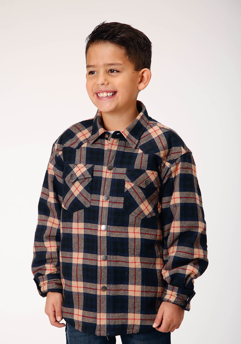 Roper Boys Long Sleeve Snap Cranberry Plaid Western Shirt Jacket - Roper
