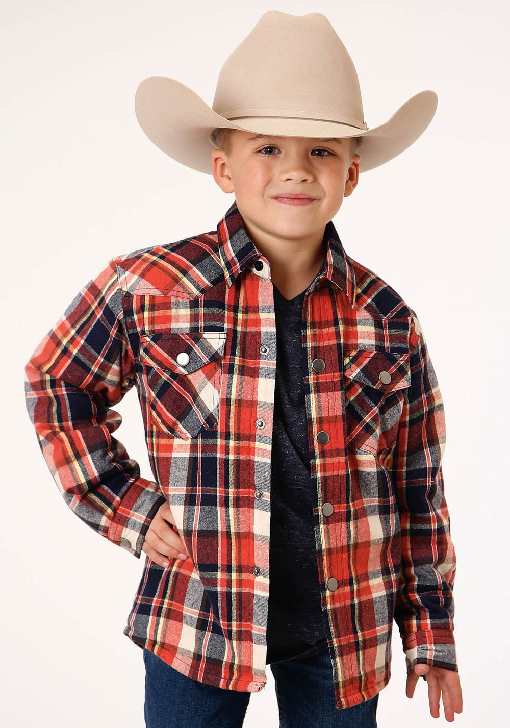 Roper Boys Long Sleeve Snap Cranberry Plaid Western Shirt Jacket - Roper