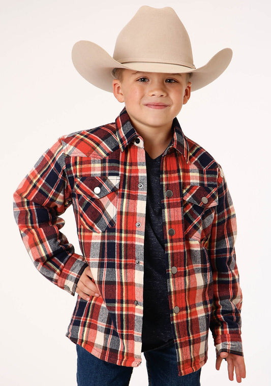 Roper Boys Long Sleeve Snap Cranberry Plaid Western Shirt Jacket - Roper