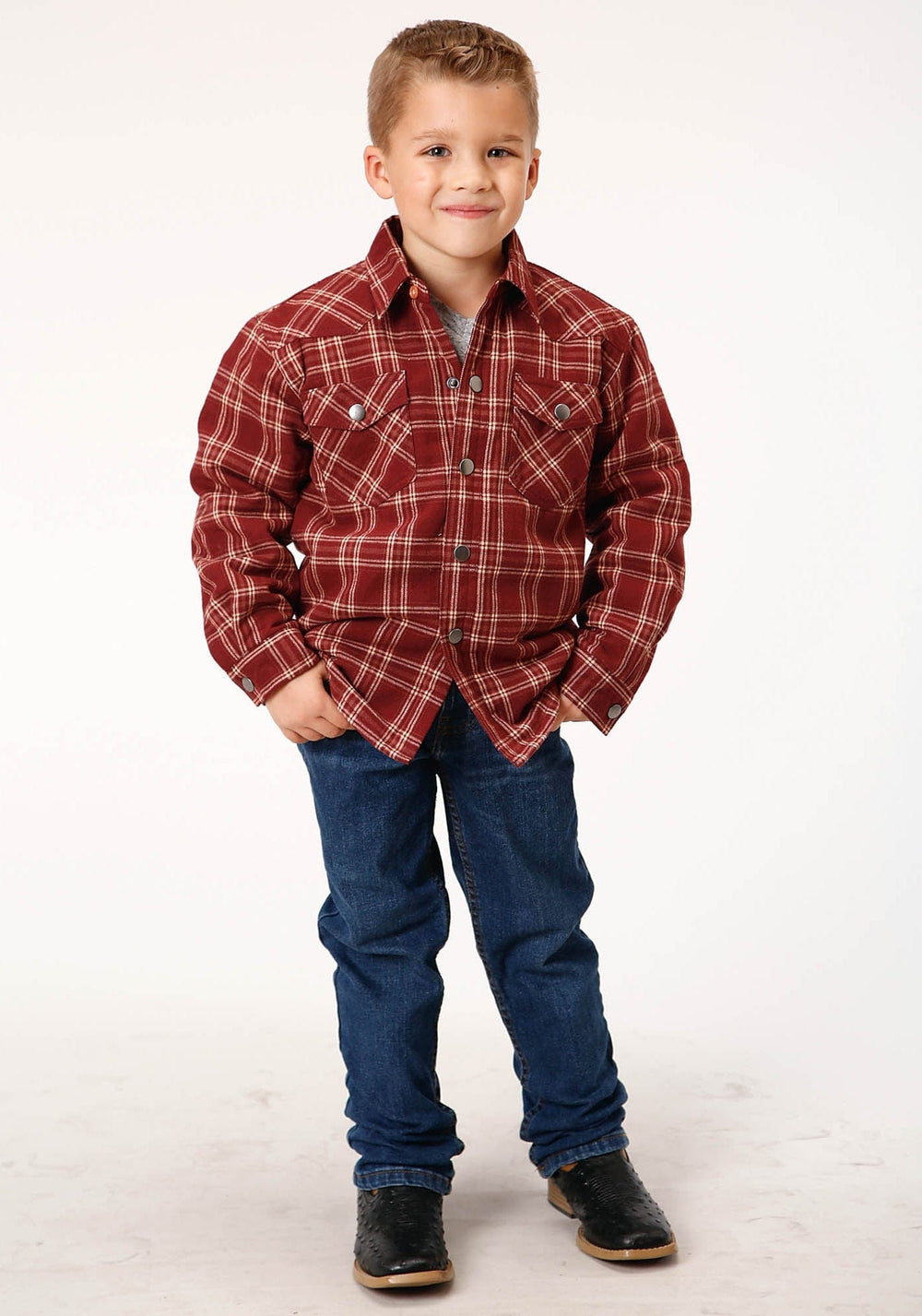 Roper Boys Long Sleeve Snap Cranberry Plaid Western Shirt Jacket - Roper
