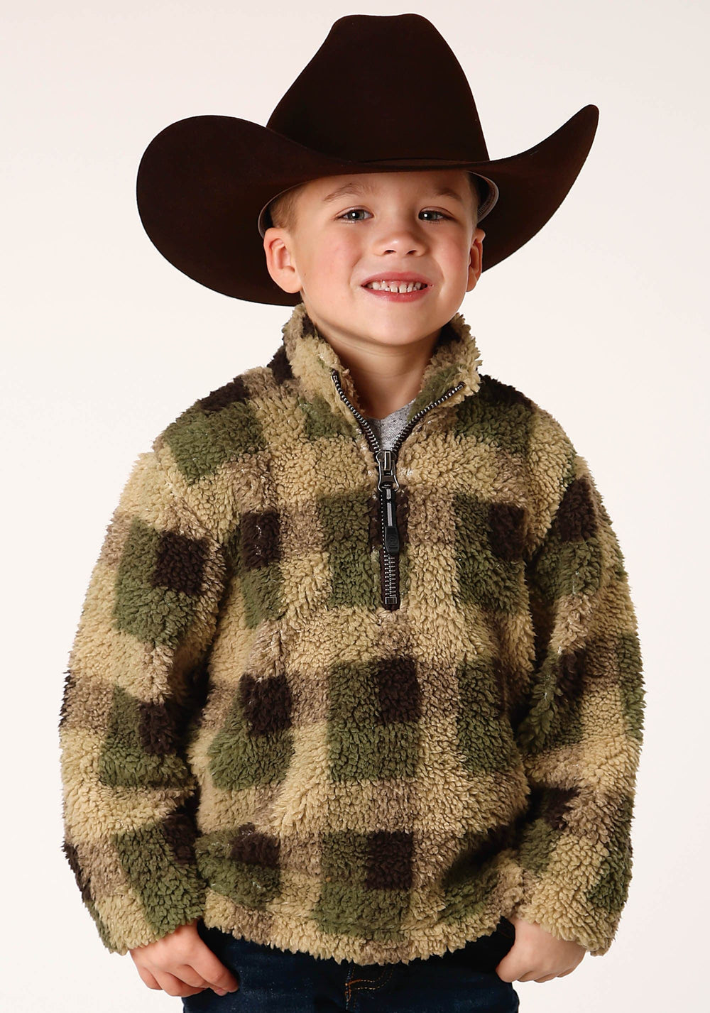 Roper Boys Polar Fleece Green Brown Check Print Pullover - Roper
