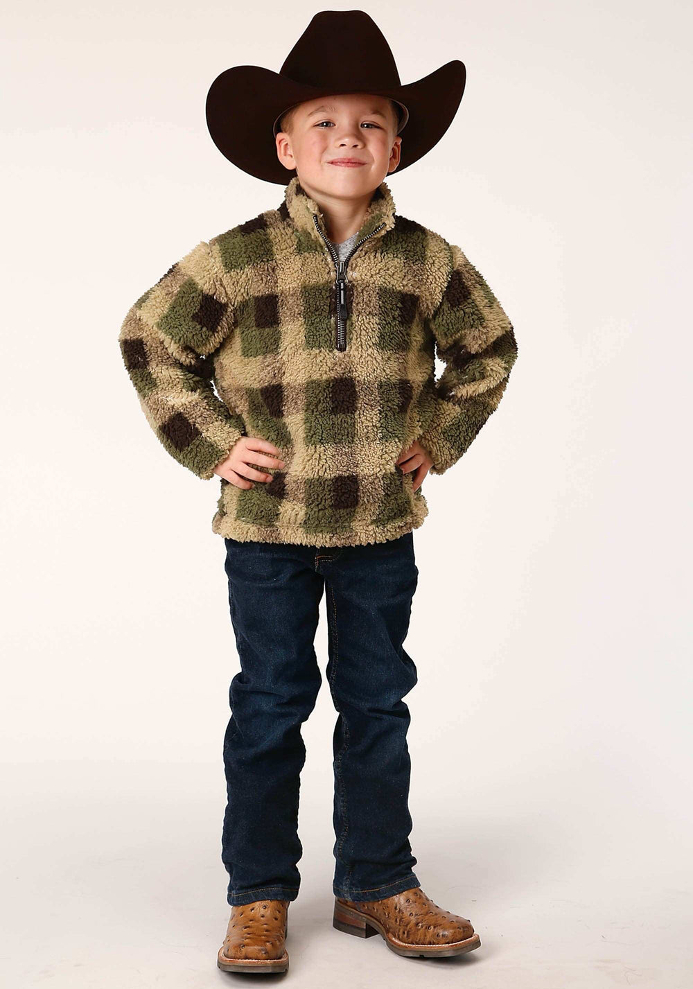 Roper Boys Polar Fleece Green Brown Check Print Pullover - Roper - Flyclothing LLC