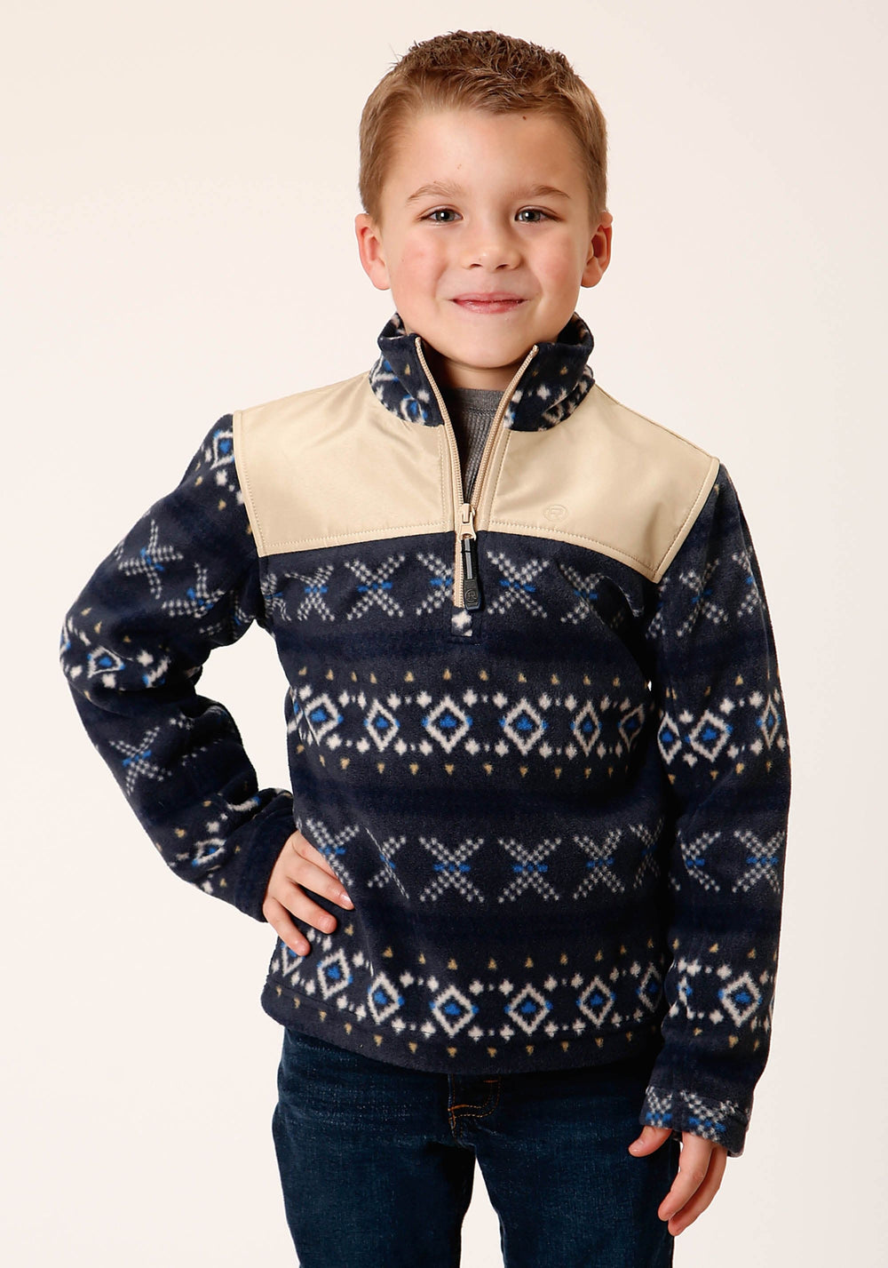Roper Boys Polar Fleece Navy Aztec Print Pullover - Roper