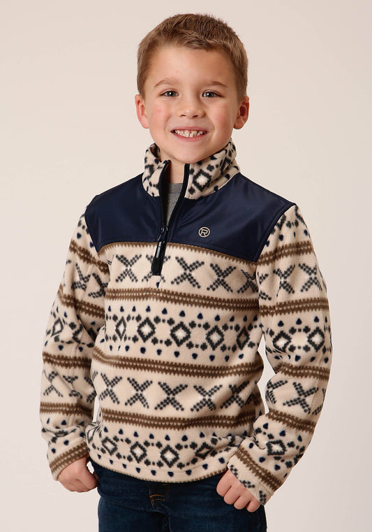 Roper Boys Polar Fleece Cream Aztec Print Pullover - Roper