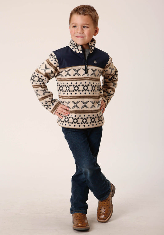 Roper Boys Polar Fleece Cream Aztec Print Pullover - Roper
