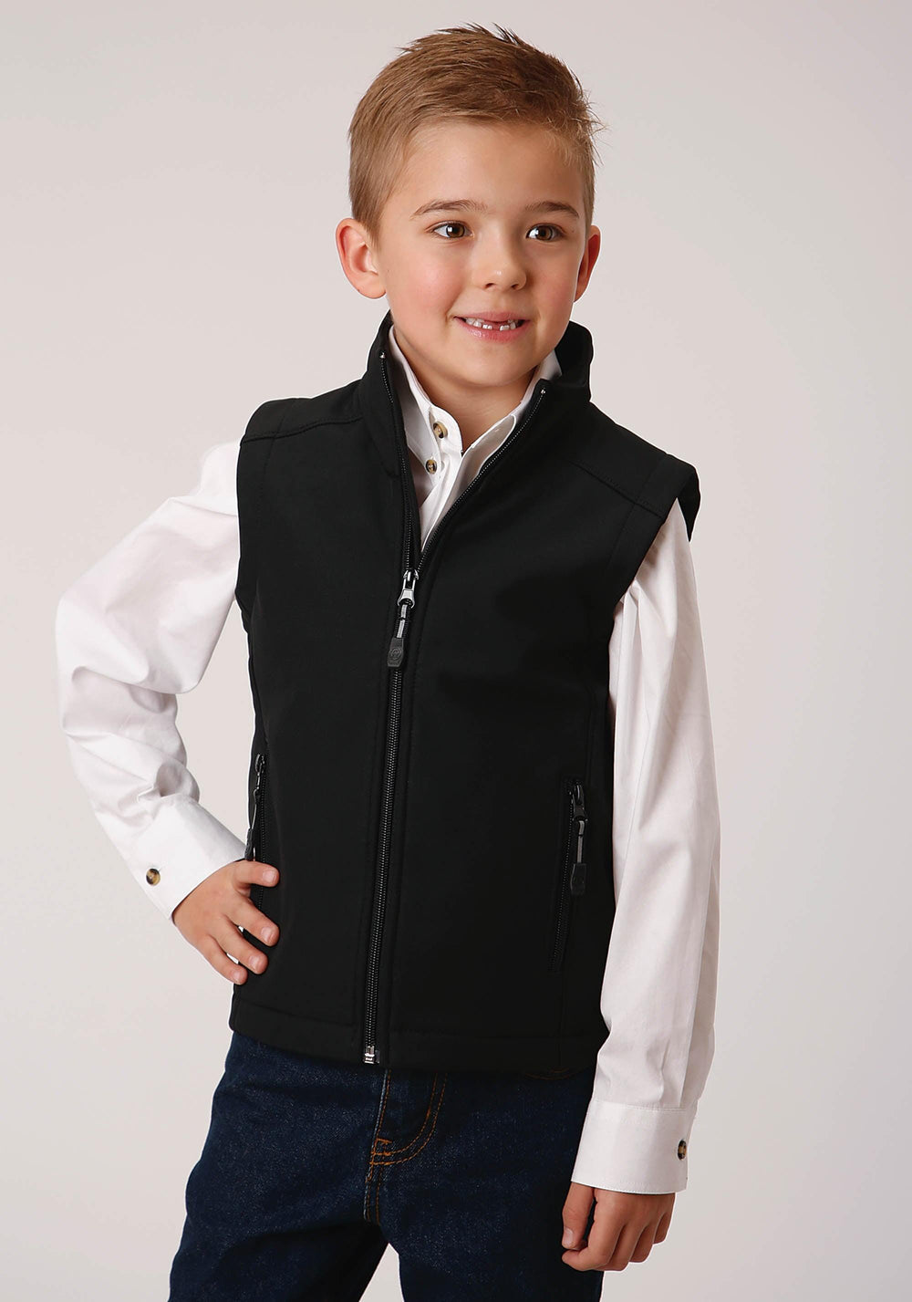 Roper Boys Black Softshell With Black Fleece Lining Zip Front Vest - Roper