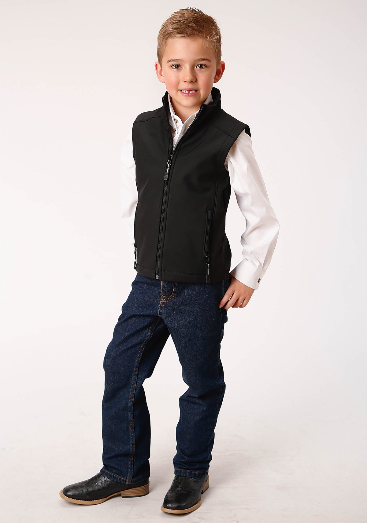 Roper Boys Black Softshell With Black Fleece Lining Zip Front Vest