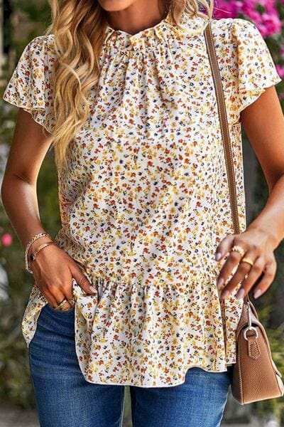 Ditsy Floral Peplum Short Sleeve Blouse - Trendsi - Flyclothing LLC