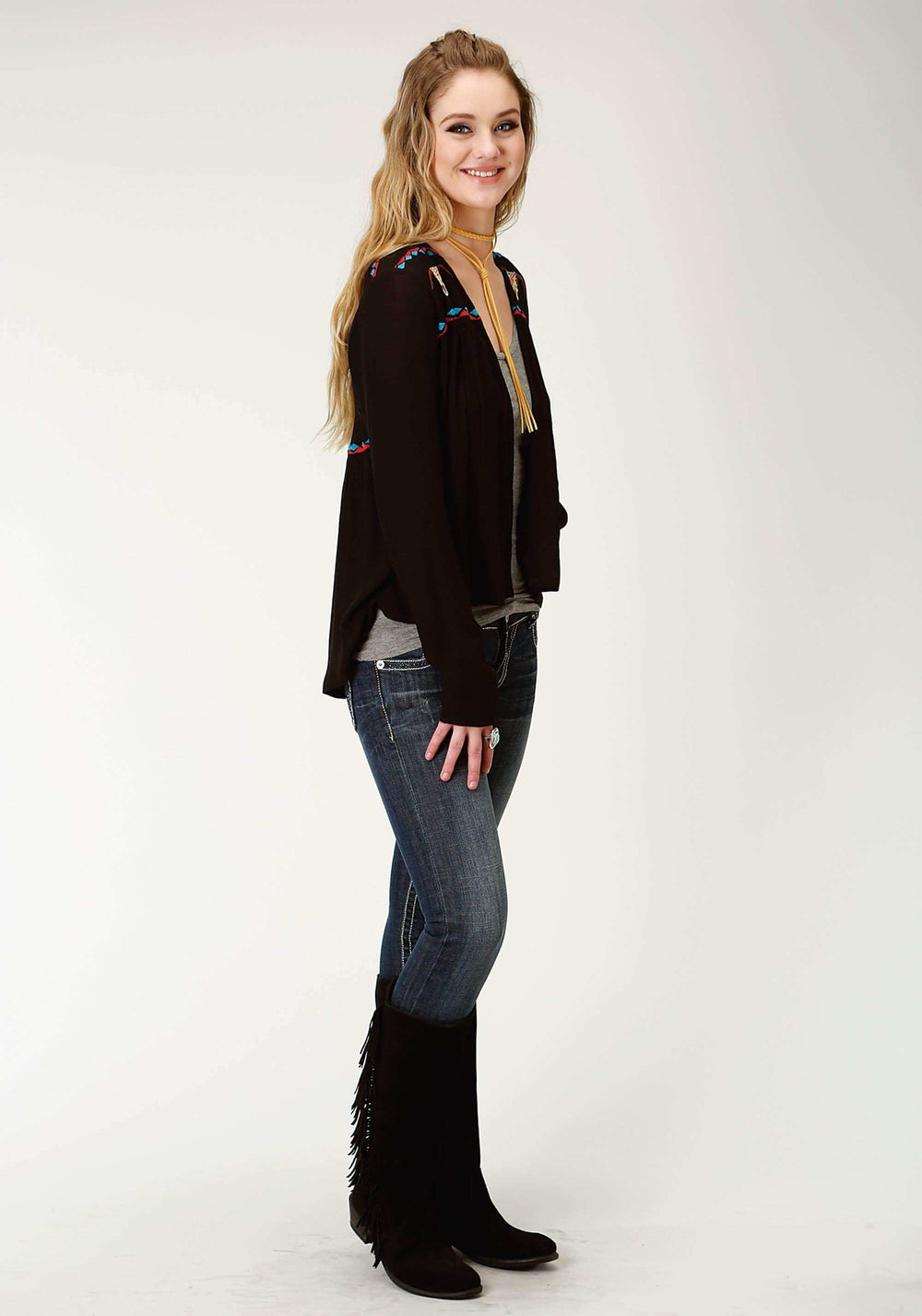 Roper Womens Black Solid With Embroidery Long Sleeve Cardigan - Roper - Flyclothing LLC
