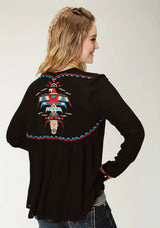 Roper Womens Black Solid With Embroidery Long Sleeve Cardigan - Roper - Flyclothing LLC