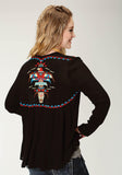Roper Womens Black Solid With Embroidery Long Sleeve Cardigan - Roper