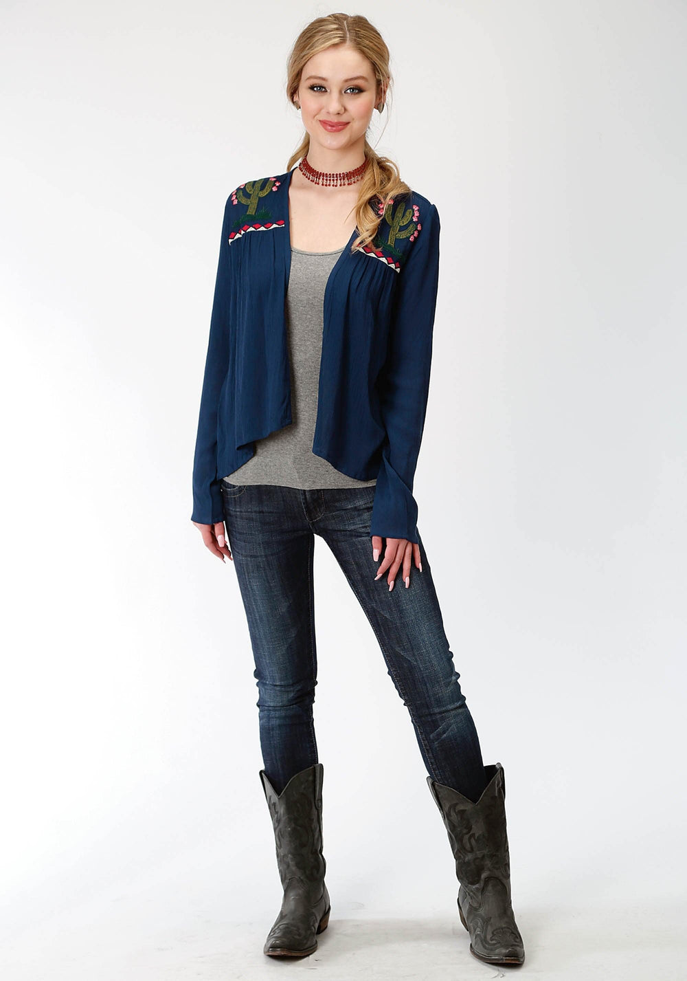 Roper Womens Blue Solid With Embroidery Cardigan - Roper