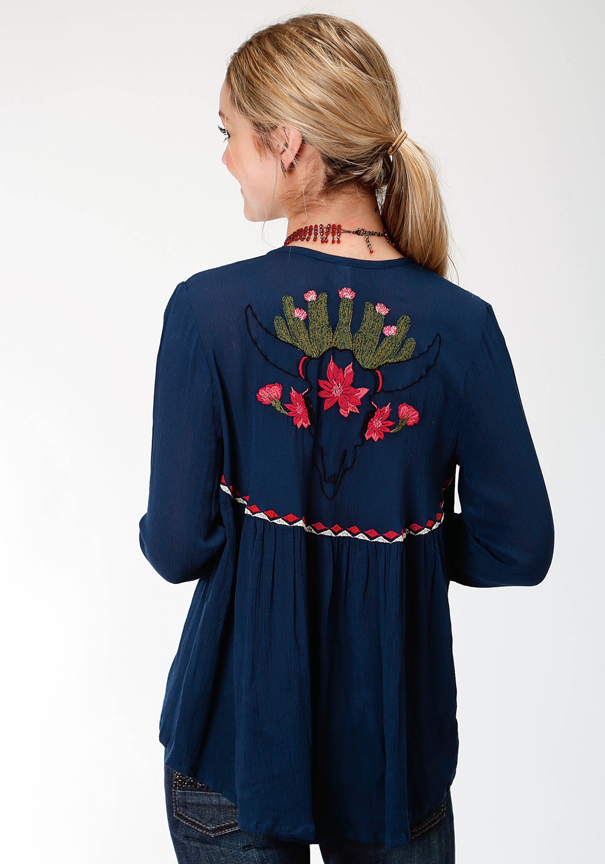 Roper Womens Blue Solid With Embroidery Cardigan