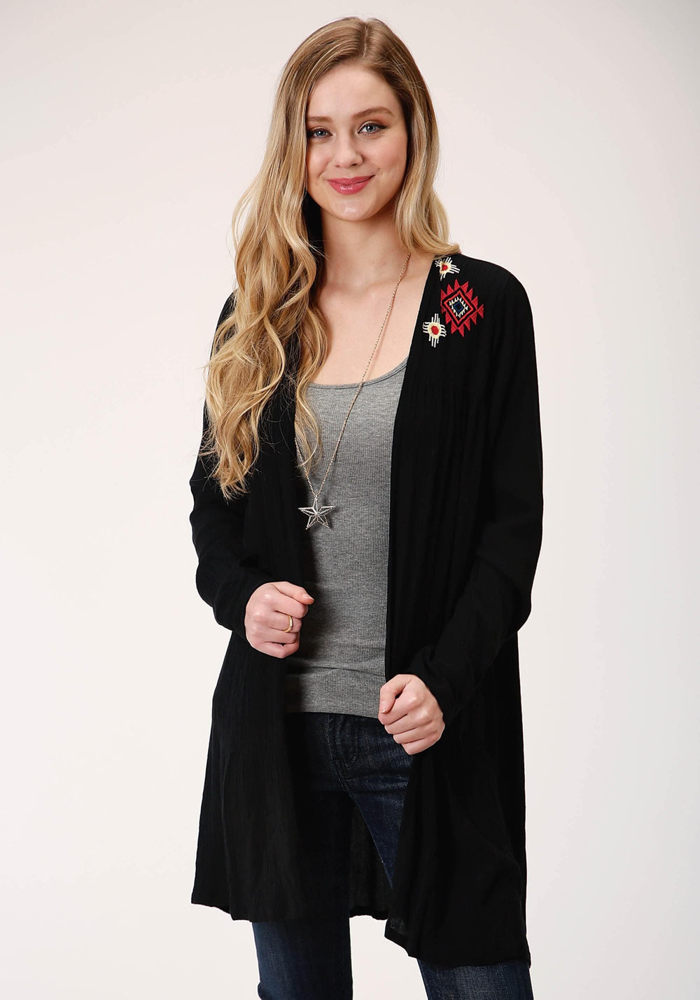 Roper Womens Black With Wild West Embroidery Long Sleeve Cardigan - Roper