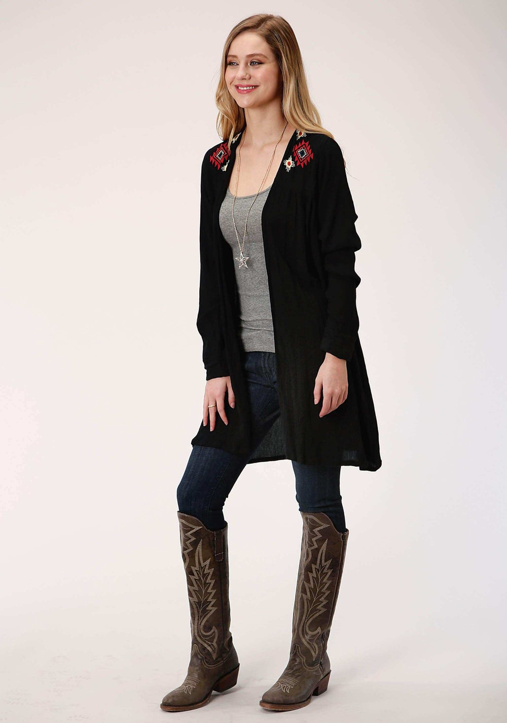 Roper Womens Black With Wild West Embroidery Long Sleeve Cardigan - Roper - Flyclothing LLC