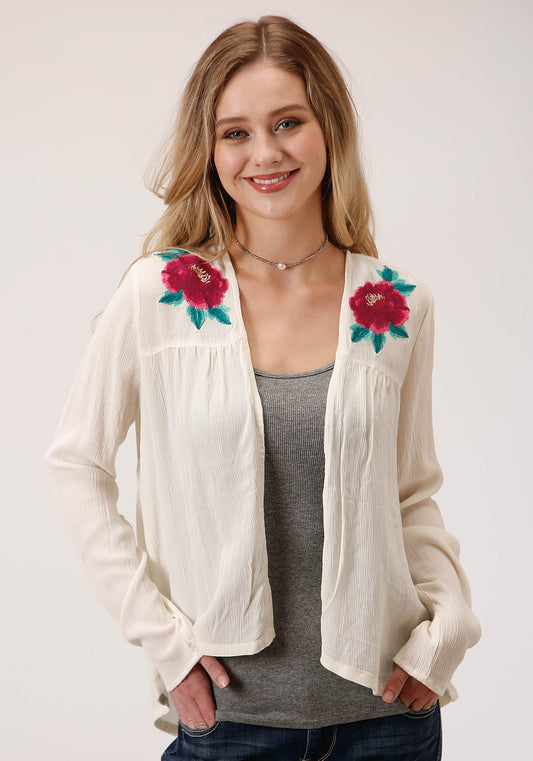 Roper Womens White With Floral Embroidery Long Sleeve Cardigan