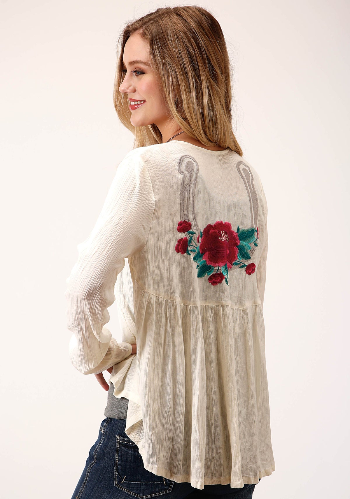 Roper Womens White With Floral Embroidery Long Sleeve Cardigan