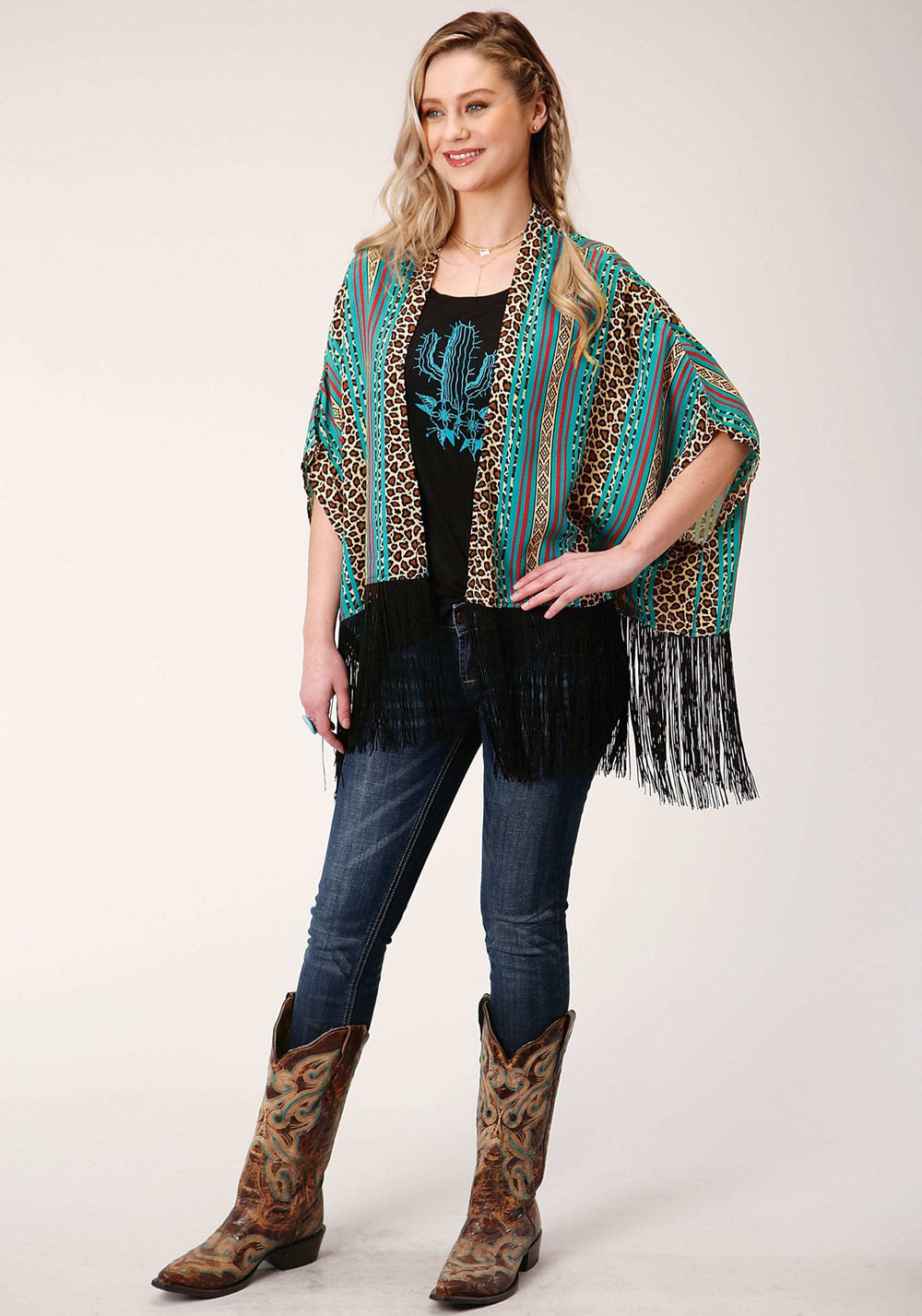 Roper Womens Leopard Stripe Print Rayon Poncho Cardigan - Roper - Flyclothing LLC