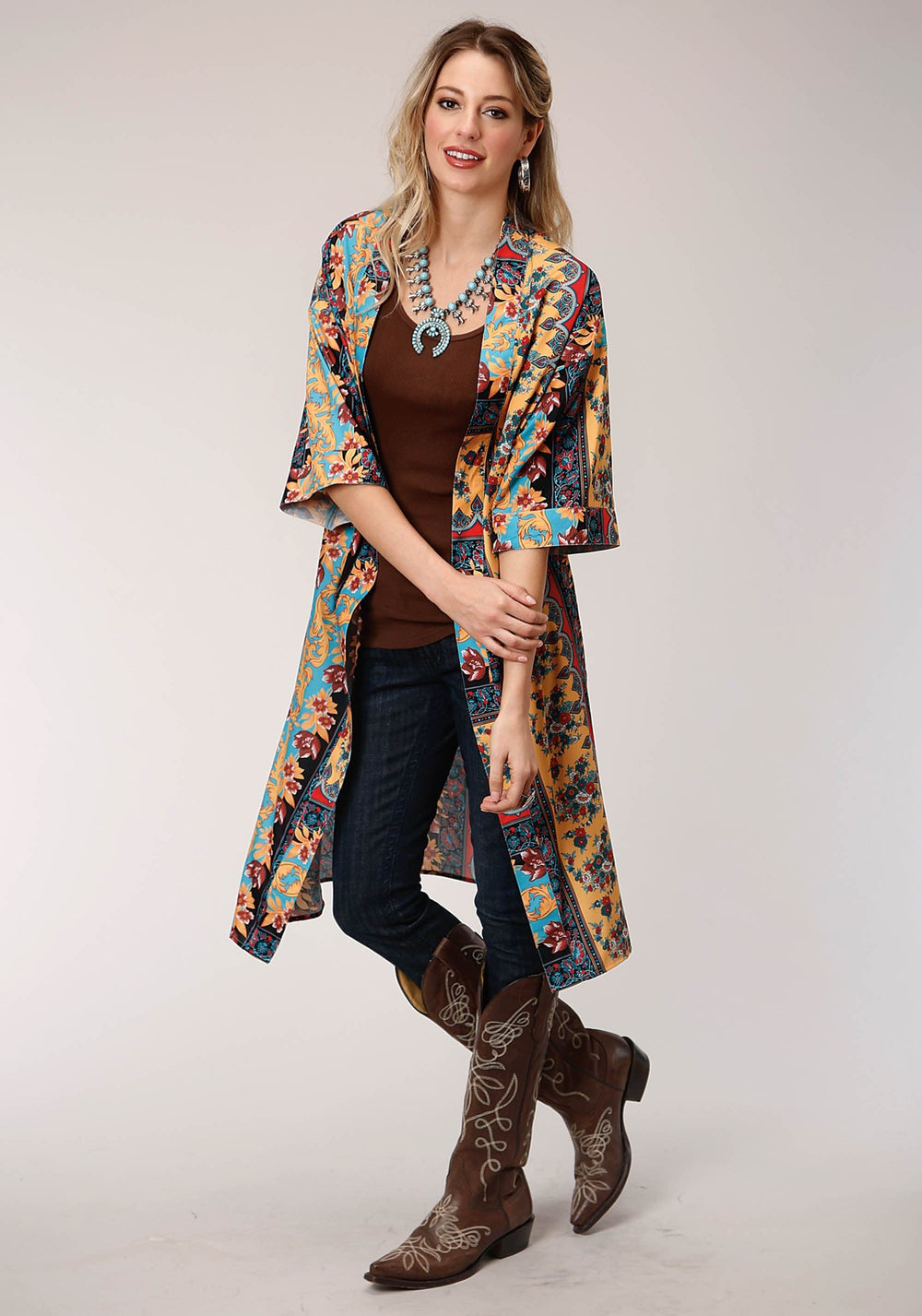 Roper Womens Print Poly Crepe Kimono Cardigan - Roper