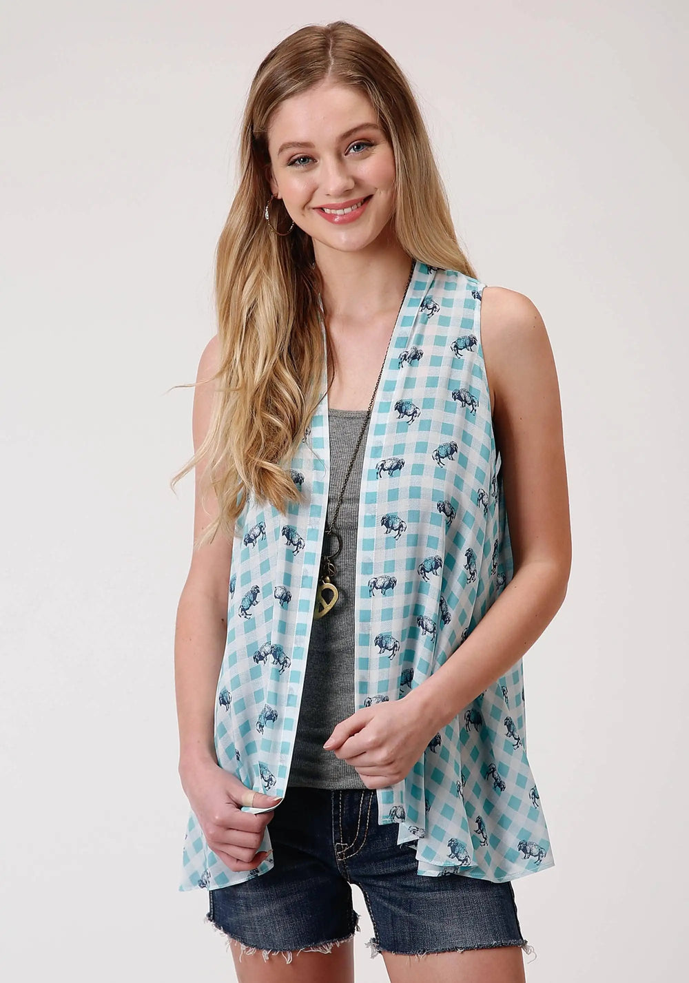 Roper Womens Buffalo Check Printed Rayon Cardigan - Roper
