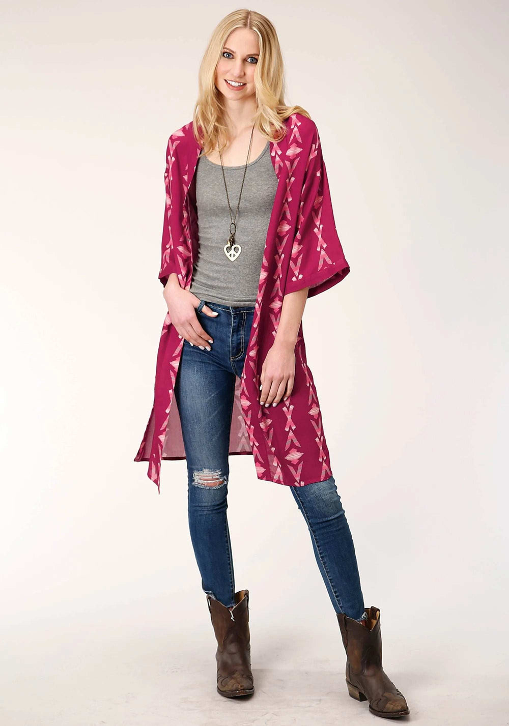 Roper Womens Wine Aztec Print Short Sleeve Cardigan - Roper - Flyclothing LLC