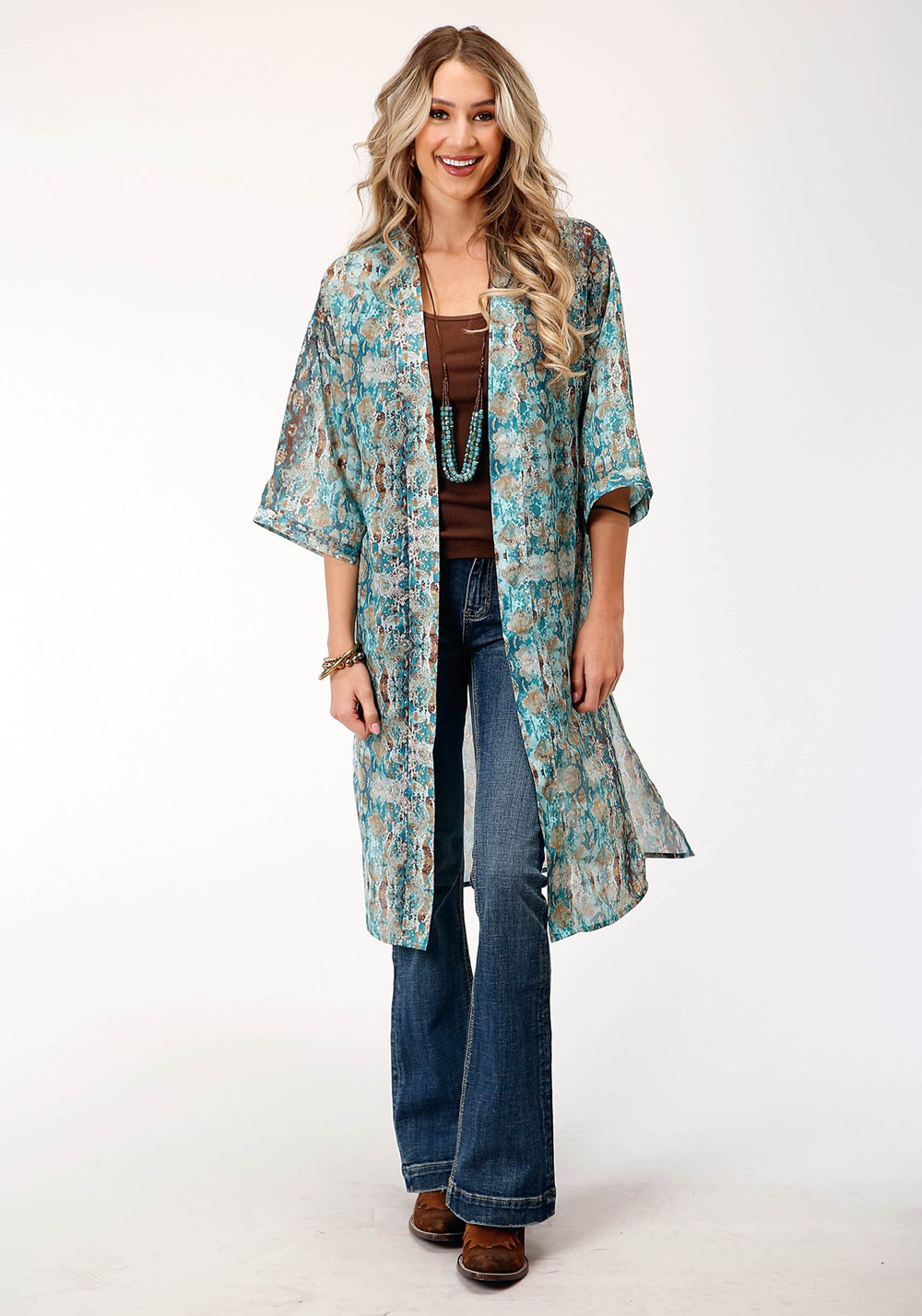 Roper Womens Poly Teal Snake Print Kimono Cardigan - Roper