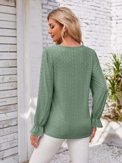 Applique V-Neck Flounce Sleeve T-Shirt - Trendsi - Flyclothing LLC