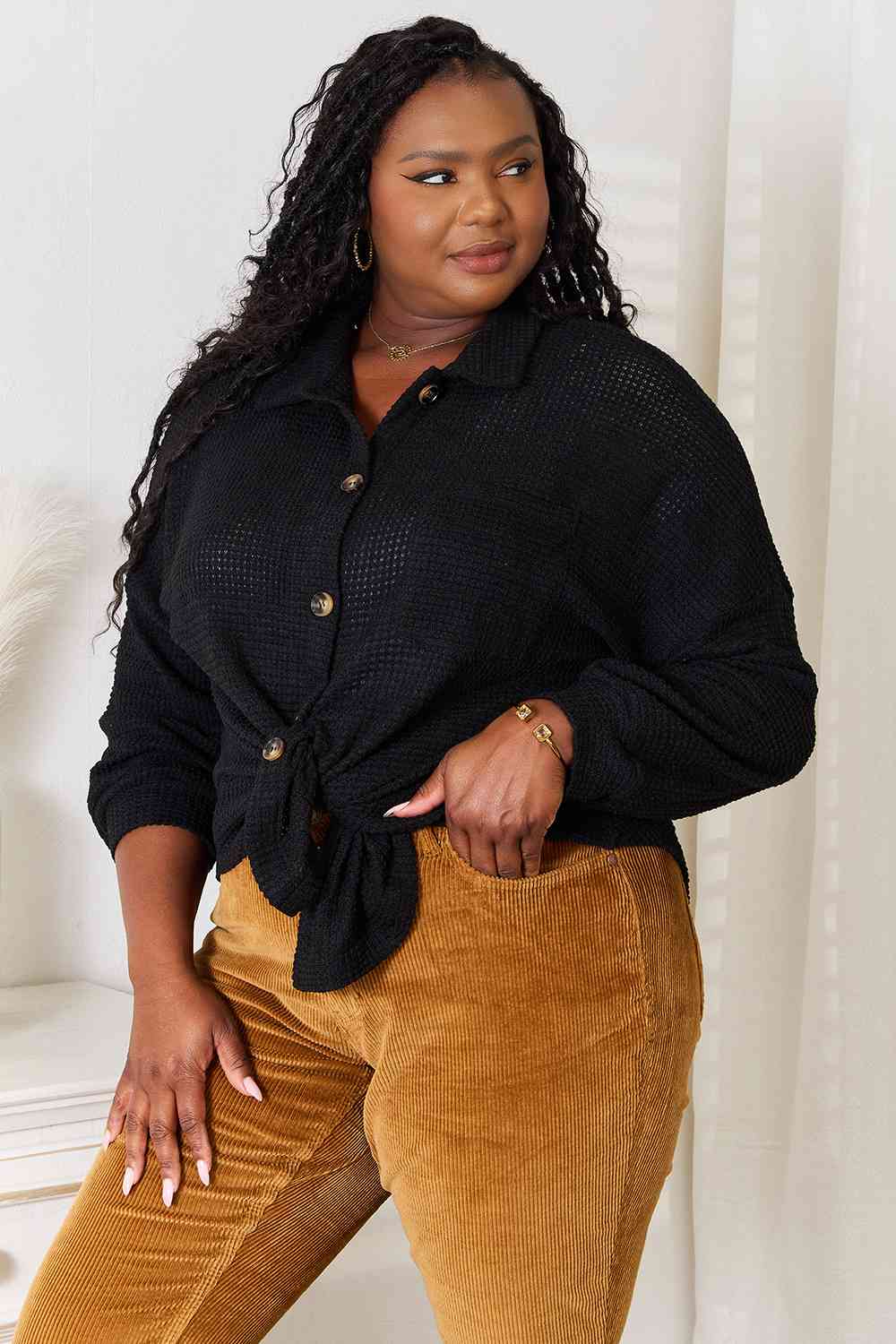 Double Take Waffle-Knit Collared Neck Dropped Shoulder Shirt - Trendsi - Flyclothing LLC