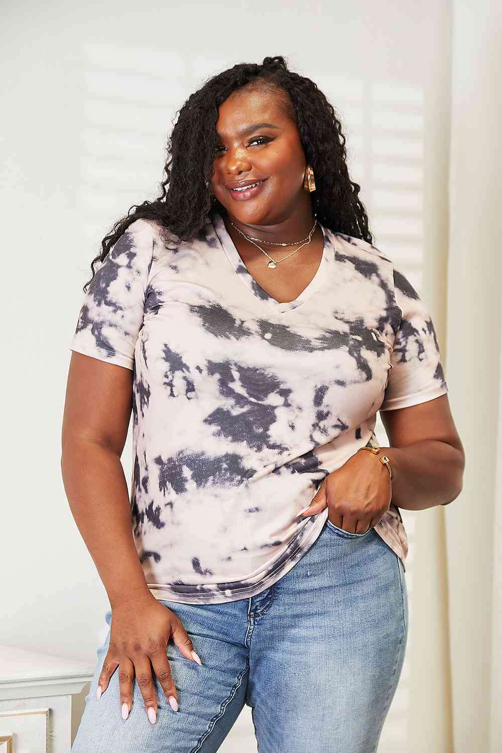 Double Take Tie-Dye V-Neck T-Shirt - Trendsi - Flyclothing LLC