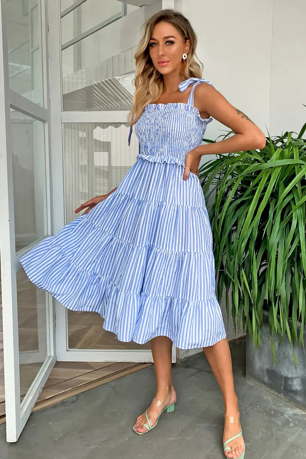 Striped Tie-Shoulder Tiered Dress - Trendsi - Flyclothing LLC
